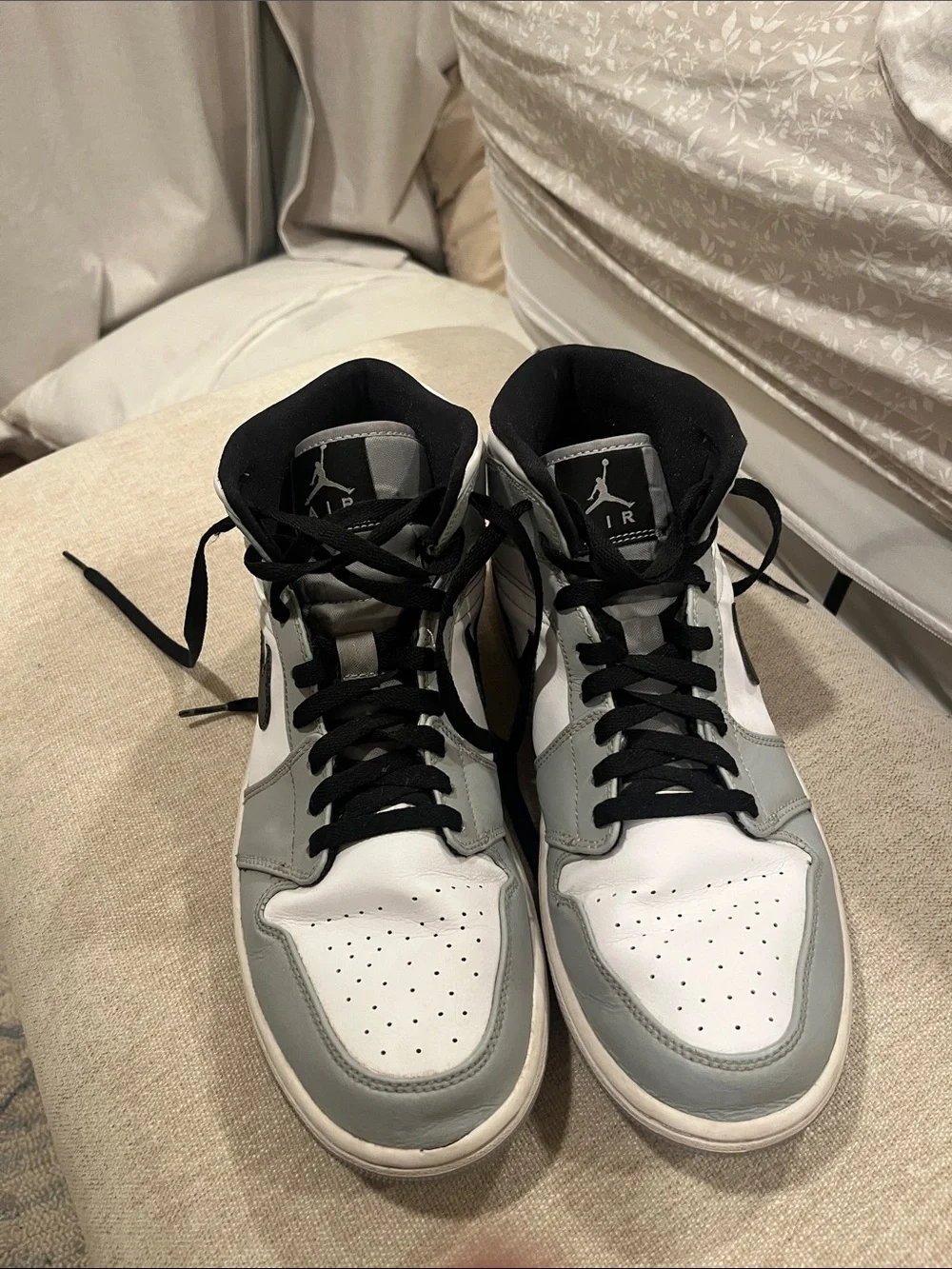 Jordan High-Top Sneakers in White, Gray & Black